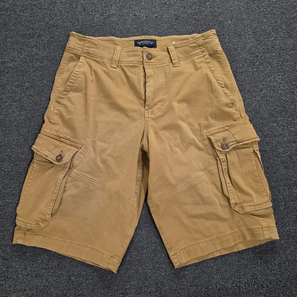 Y2k American Eagle Cargo Shorts Mens 30 Tan Extreme Flex Longer Length Utility